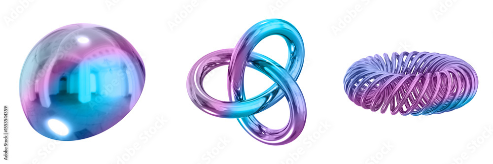 Poster 3D Abstract Shape Objects, 3d rendering metallic gradient shape design element, futuristic, shiny design

