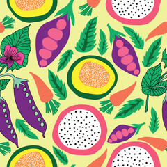 purple snap peas, carrots, pitaya, papaya and simple leaves on yellow background seamless pattern. vegetable garden seamless pattern. Good for fabric, textile, decoration, wrapping paper and more.