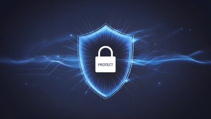 Glowing Blue Security Shield with Padlock Symbol on Digital Network