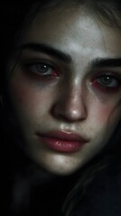 Fototapeta premium A pensive woman with a vulnerable expression after an emotional moment