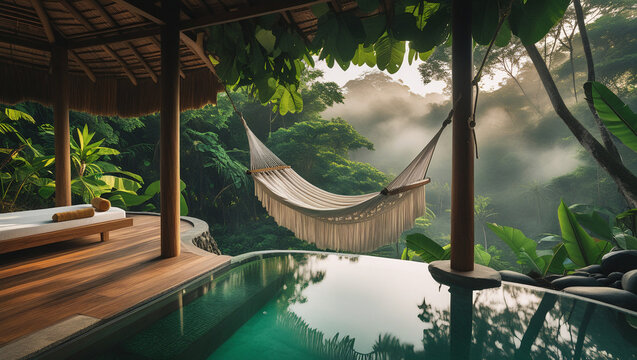 Luxury jungle villa with a white hammock and emerald infinity pool, surrounded by misty rainforest and tropical plants. Ideal for eco-resort and travel visuals.