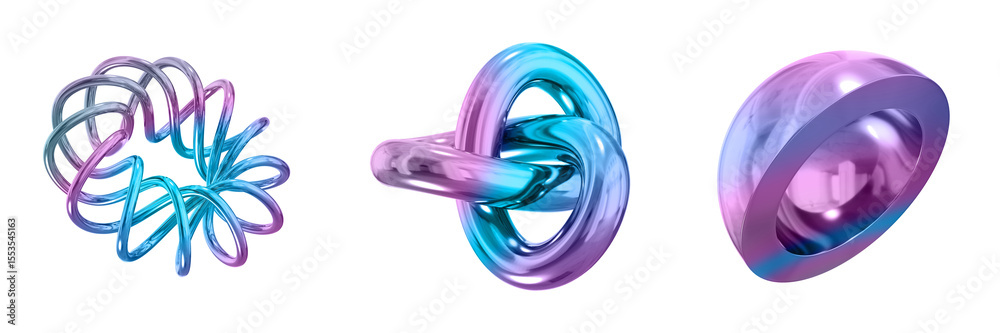 Poster 3D Abstract Shape Objects, 3d rendering metallic gradient shape design element, futuristic, shiny design

