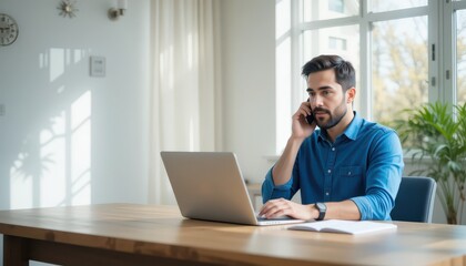 Fototapeta premium Man on Phone Call Working from Home Bright Office