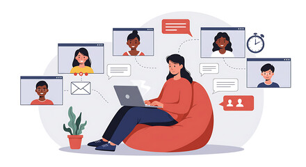 Flat Vector Illustration of a Remote Worker on a Video Conference. set for work from anywhere theme, remote work, lifestyle