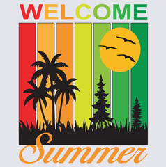 summer t shirt design silhouette vector art illustration, vector illustration of a summer background, topical beach white background