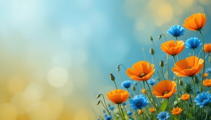 Fototapeta premium Vibrant Floral Display of Orange and Blue Poppies in a Serene Natural Setting
