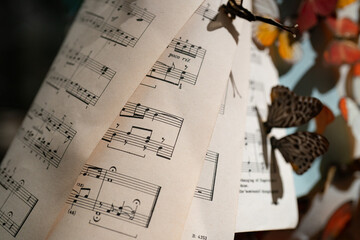 Vintage sheet music pages with butterflies, capturing a nostalgic blend of classical notes and...