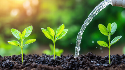 Growing plants receive water in lush garden, showcasing beauty of nature and nurturing life