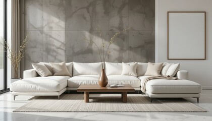 Modern Minimalist Living Room with Plush Sectional Sofa and Decorative Accents