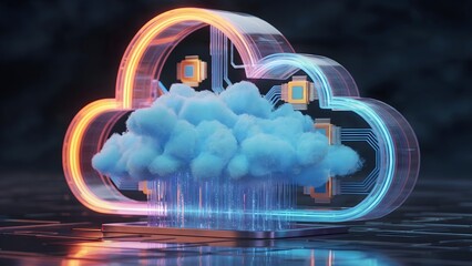 Translucent tech cloud with glowing cyber circuitry