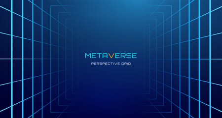 Background floor line grid with AI and technology. Pattern with abstract square dot in futuristic space. Vector wireframe horizon with perspective mesh.