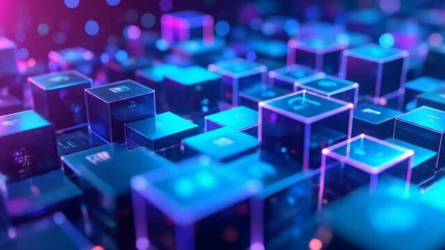 Abstract glowing cubes, digital technology concept, futuristic data blocks, network connection