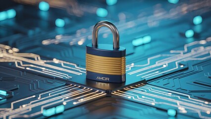 Cyber vault padlock on illuminated circuit core
