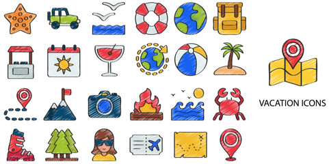 Vacation simple concept 24 hand drawn color icons set .Vector illustration.	