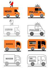 transportation flat icons vector set of service and utility vehicles – news, police, goods, school van icons