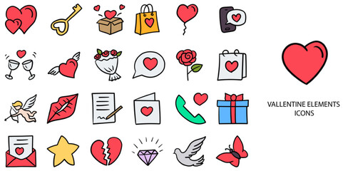 Valentine Element simple concept 24 hand drawn color icons set .Vector illustration.	