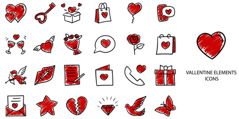 Valentine Element simple concept 24 hand drawn color icons set .Vector illustration.	
