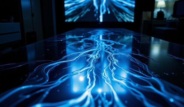 Blue Digital Light Streams Flowing Down Black Surface, Ethereal Melancholy, Shallow Depth Of Field