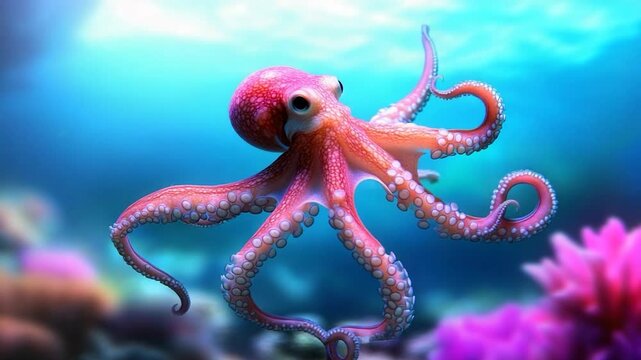 Vibrant pink octopus swimming underwater with coral reef and bubbles