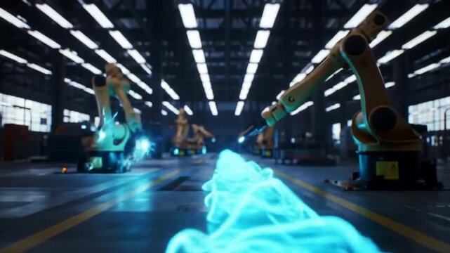 Futuristic robotic factory floor with glowing blue energy, suitable for technology and industrial concepts in advertising, presentations, and design.