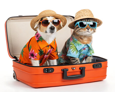 Fototapeta Dog and cat in suitcase wearing sunglasses and hawaiian shirts ready for summer vacation travel