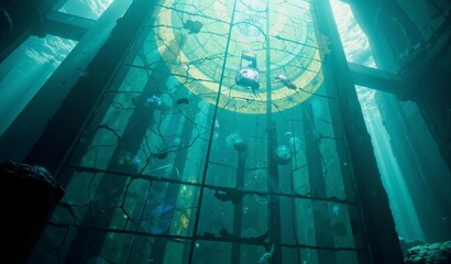 Submerged Geometric Structure: Blue And Green Panels, Abstract Underwater Scene, Serene Mood