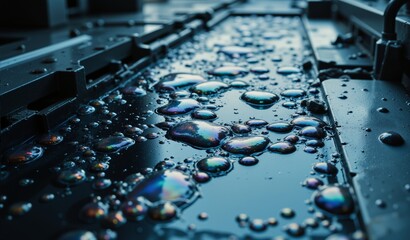 Mercury Rivulets Flowing on Dark Metal Surface, Shimmering, Cool Blue Lighting, Shallow Depth