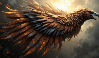 Decaying Metallic Wing Structure: Iridescent Rust, Golden Light, Abstract Composition, Melancholy