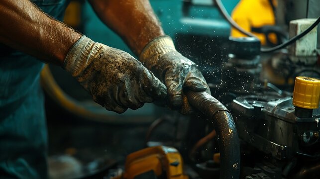 Action shot of a mechanic squeezing a coolant hose to check for softness or swelling