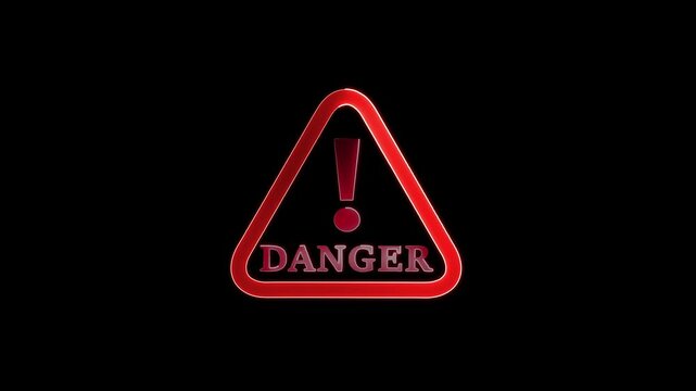glowin neon alert risk safety danger road warning sign.Animated Warning Sign &ndash; Modern Caution Icon in Motion on Dark Background