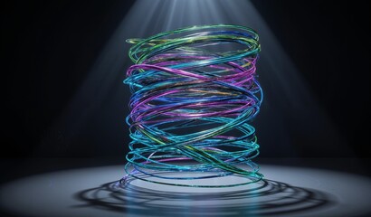 Abstract Fiber Optic Coils: Teal, Violet, Bandage-Like Arrangement, Dramatic Spotlight, Technological Stillness