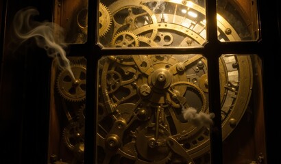 Interlocking Brass and Copper Gears Within A Shadowy Victorian Clockwork Mechanism