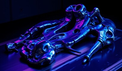 Fractured Bone Structures Illuminated by Neon Blue Energy on Polished Obsidian Surface