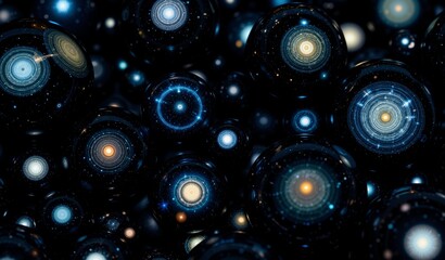 Cosmic Obsidian Spheres: Nebulous Galaxies Swirling Within Deep Black Volumetric Light