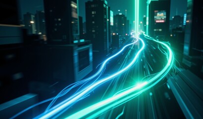 Electric Blue And Emerald Green Light Trails Flow Through Blurred Cityscape, Dreamlike Verticality