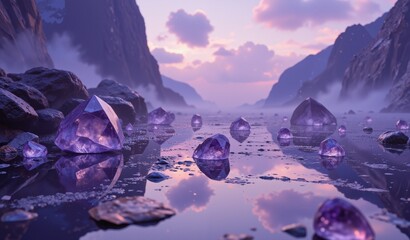 Floating Amethyst Crystals Above Obsidian Reflection Create Ethereal Tranquil Disorientation