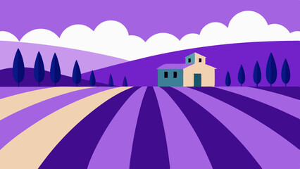 Lavender Fields and Country House A Serene and Minimalist Landscape Illustration