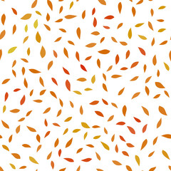 Autumn botanical decor. Monochrome red orange plant seamless pattern. Many random willow leaves. Soft nature colors. Background decorative elements for wallpaper, textile, etc.