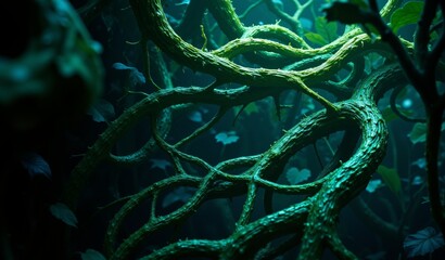 Emerald And Sapphire Foliage Network: Intricate Organic Patterns In Soft Diffused Light