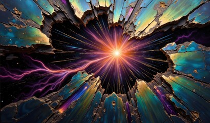 Abstract Amethyst Emerald Nebula Swirls in Dark Void, Luminous Coral and Gold Disintegration