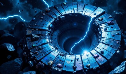 Obsidian Vortex: Fractured Plates, Crystalline Structures, Electric Blue Lightning, Indigo Backdrop