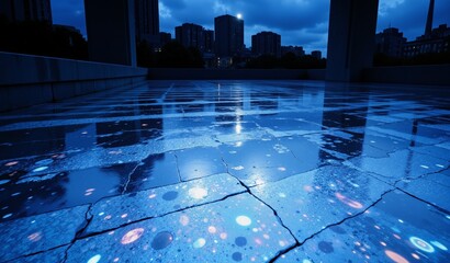 Iridescent Mother-Of-Pearl Ripples On Polished Concrete Under Indigo Lunar Glow