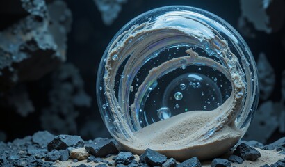 Iridescent Sand Swirls Within Crystalline Spheres, Ethereal Twilight Texture, Ancient Power