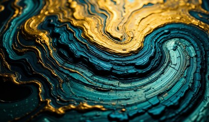 Abstract Gold and Teal Swirls: Molten Silk, Obsidian Cracks, Melancholy Depth