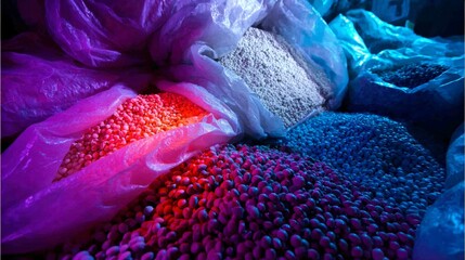 Colorful market display of grains and legumes in plastic bags with bright lights and texture contrast