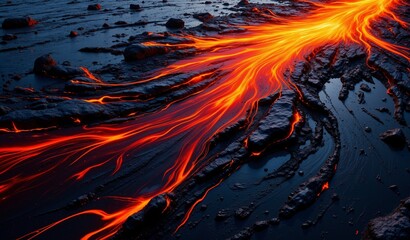 Chaotic Abstract Swirls Of Crimson, Ochre, And Indigo With Volcanic Ash Texture