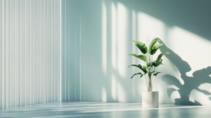 Empty modern room with green plant and vertical blinds casting shadow for minimal interior concept
