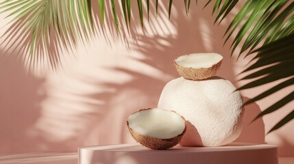 Minimal coconut decor with palm shadows on pastel background for summer tropical relaxation theme