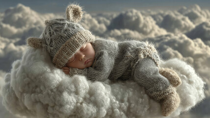 Dreamy slumber of a baby on a fluffy cloud in a serene sky