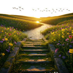 Stone Path Through Blooming Field at Sunset with Soaring Birds